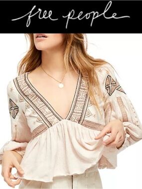 FREE PEOPLE ARIA EMBROIDERED BLOUSE NATURAL COMBO BOHO PEPLUM V NECK **NWT**